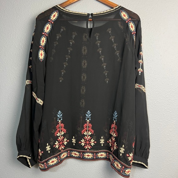 Sundance‎ Silk Embroidered Blouse XS Long Sleeve Black Sheer Boho Top Festival - Picture 6 of 15